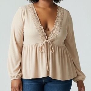 Torrid Super Soft Cream Neutral Rib Knit Lace Trim Tie‎ Front Top Size 00
